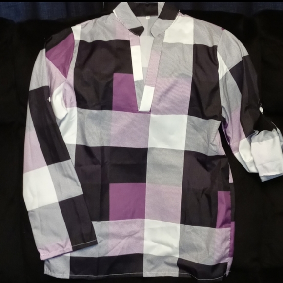 Tops - 🖤💜🤍PLAID V-NECK BLOUSE🖤💜🤍